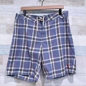 POLO Ralph Lauren Plaid Hybrid Board Shorts Blue Gray 8" Inseam Swimwear Mens 34